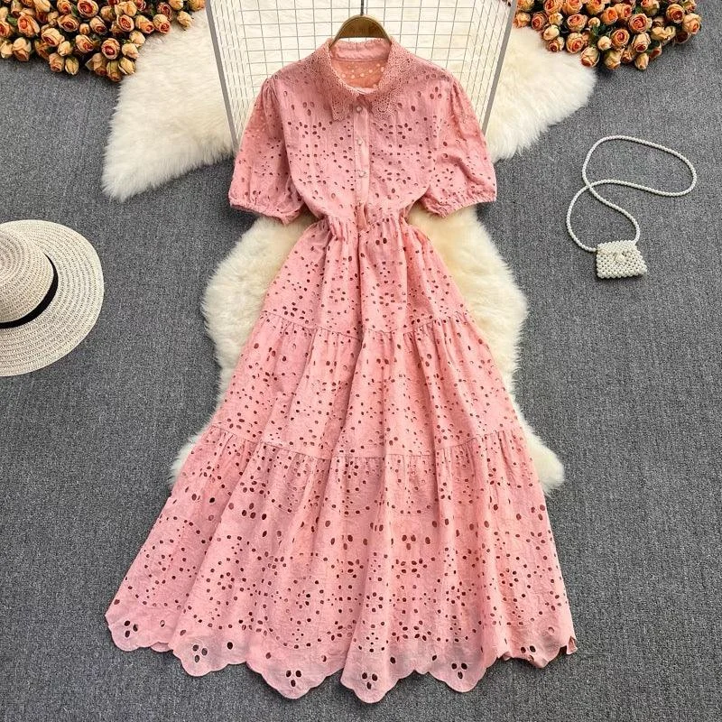 Semenna Cotton Eyelet Midi Dress Comfortable Fit-and-Flare Midi Dress