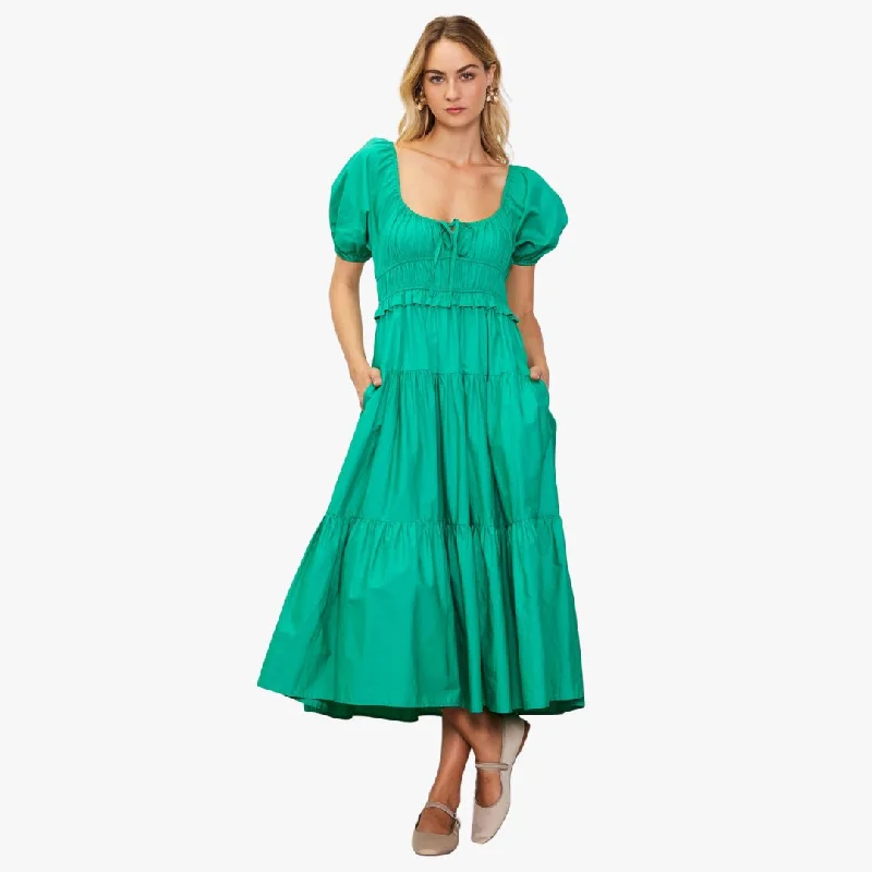 Short Puff Sleeve Tiered Midi Dress (Jade Green) Comfortable Denim Midi Dress