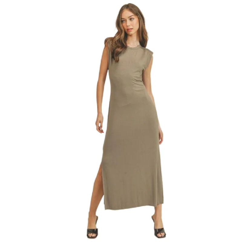 Shoulder Pad Midi Dress (Sage) Stylish High-Waisted Midi Dress