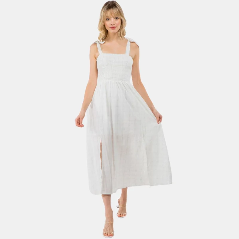 Sleeveless Smocked Midi Dress (Off White) Comfortable Geometric Print Midi Dress