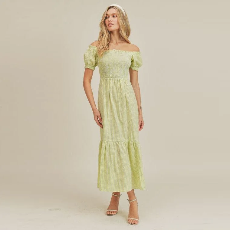 Smocked Gingham Midi Dress (Celery Green) Comfortable Empire Waist Midi Dress