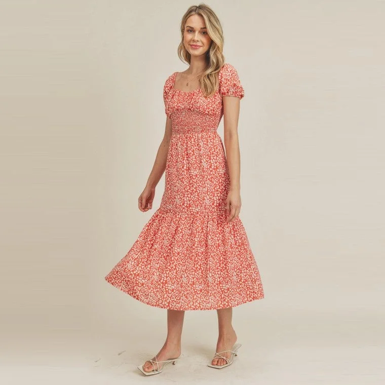 Smocked Midi Dress (Red Leopard) Chic Lace Detail Midi Dress