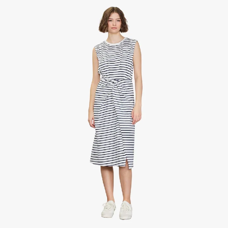 Striped Twisted Knot Midi Dress (White + Navy) Cozy A-Line Midi Dress