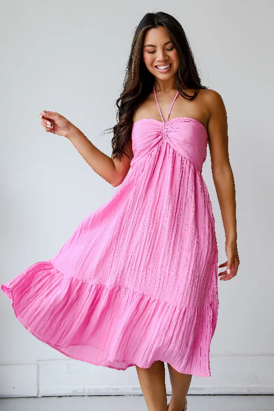 FINAL SALE - Sunny Serenity Pink Halter Midi Dress Comfortable Empire Waist Midi Dress