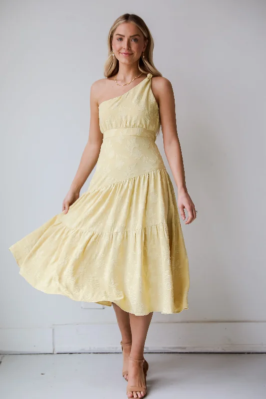 FINAL SALE - Sunshine Daydream Yellow One-Shoulder Tiered Midi Dress Chic Floral Print Midi Dress