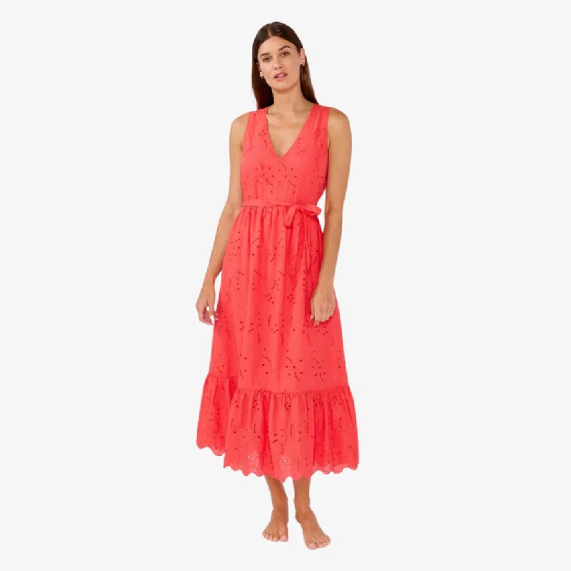 Sweetpea Eyelet Midi Dress (Coral) Elegant Maxi-Midi Hybrid Dress