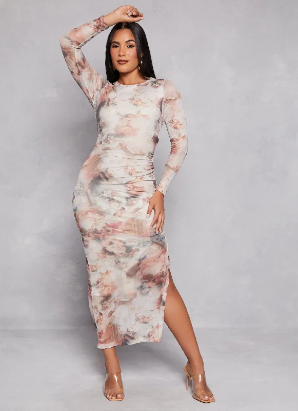 Almost Famous Mesh Printed Long Sleeve Midi Dress Trendy Boho Midi Dress
