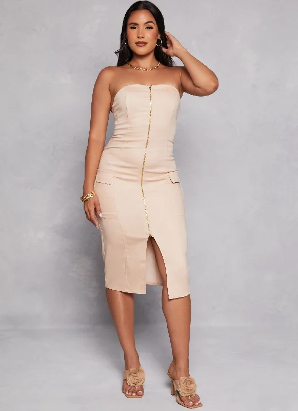 Haute Monde Strapless Zip Front Cargo Pocket Midi Dress Cozy Knit Midi Dress