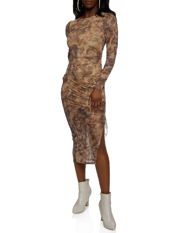Mesh Printed Ruched Side Slit Midi Dress Cozy Ribbed Knit Midi Dress