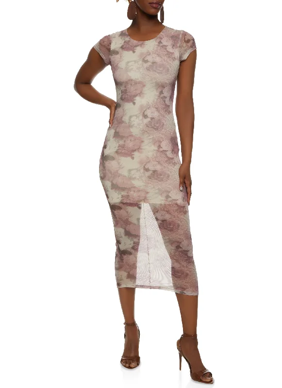 Mesh Printed Short Sleeve Midi Dress Elegant Faux Wrap Midi Dress