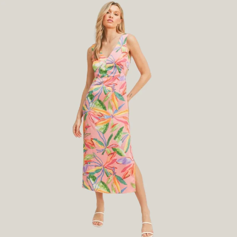 Tie Back Tropical Midi Dress (Pink Green Multi) Trendy Shift Midi Dress