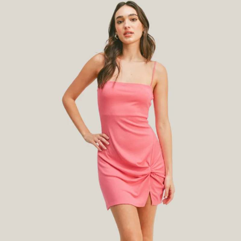 Twist Front Knit Midi Dress (Pink) Fashionable Pencil Midi Dress