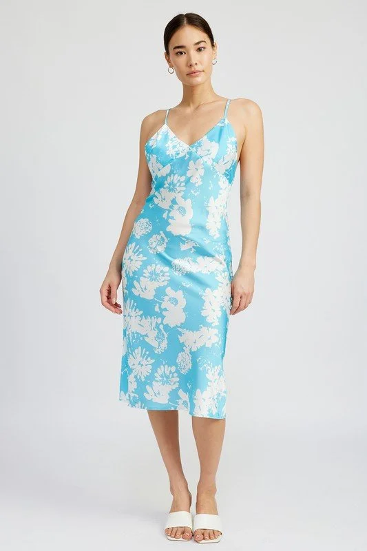 Floral Satin Midi Dress Stylish Color Block Midi Dress