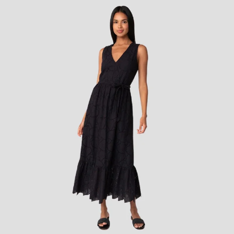 Olivia Embroidered Midi Dress (Black) Stylish Color Block Midi Dress