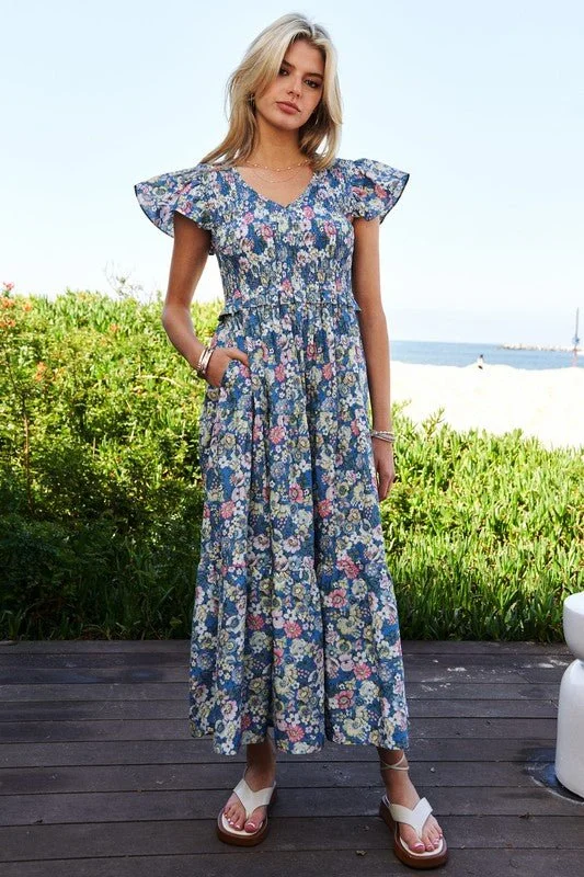 Floral Flutter Sleeve Midi Dress Trendy Ruffled Sleeve Midi Dress