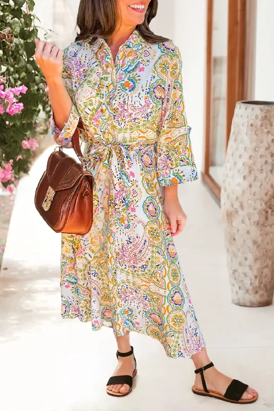 White Bohemian Paisley Print Knotted High Waist Midi Dress Elegant Floral Skirt Midi Dress