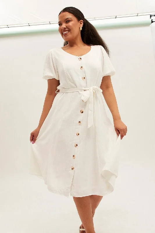 White Midi Dress Button Through Linen Blend Fashionable Pencil Midi Dress