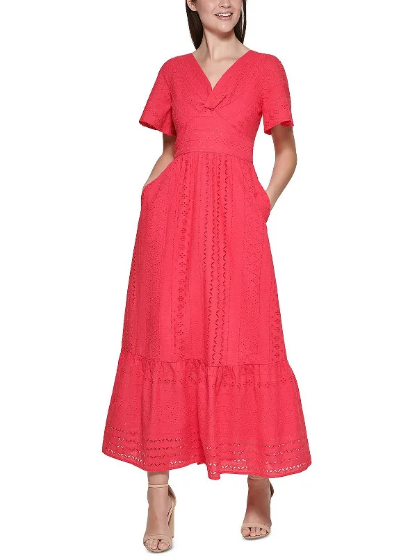 Womens Eyelet V-neck Midi Dress Trendy Midi Dress with Belt