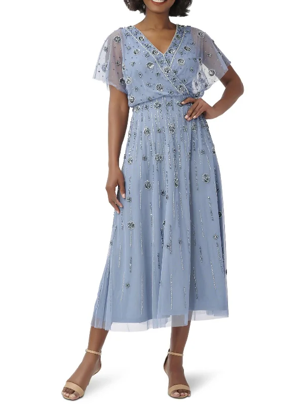 Womens Floral Calf Midi Dress Trendy Fit-and-Flare Midi Dress