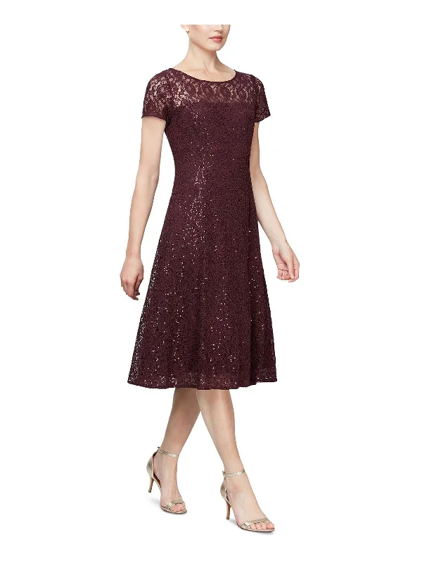 Womens Lace Sequined Midi Dress Stylish Pleated Skirt Midi Dress