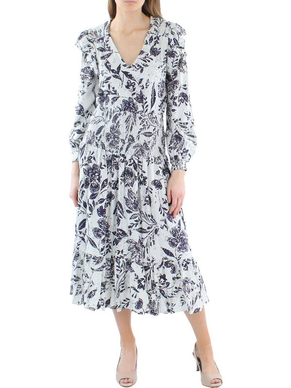 Womens Linen Blend Smocked Midi Dress Comfortable Adjustable Strap Midi Dress