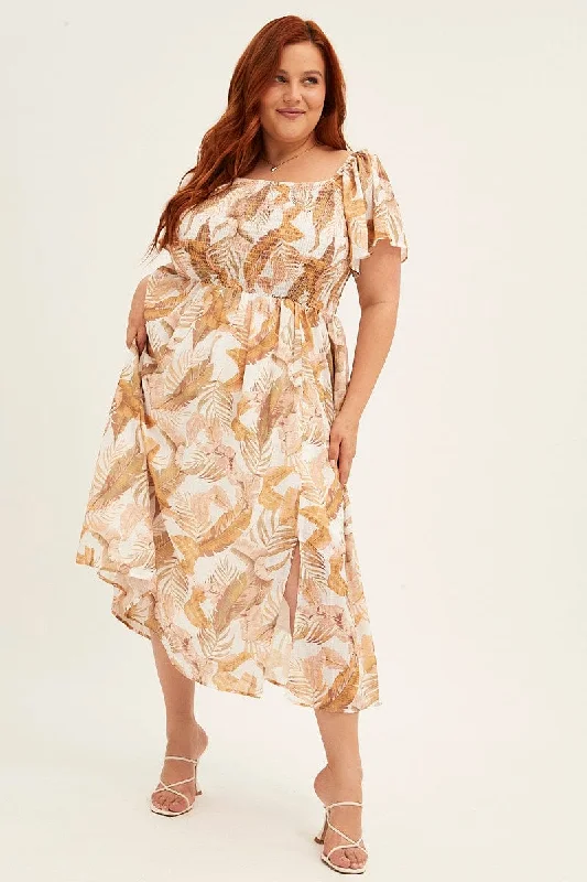 Yellow Floral Midi Dress Short Sleeve Shirred Back Tie Dress Comfortable Button Front Midi Dress
