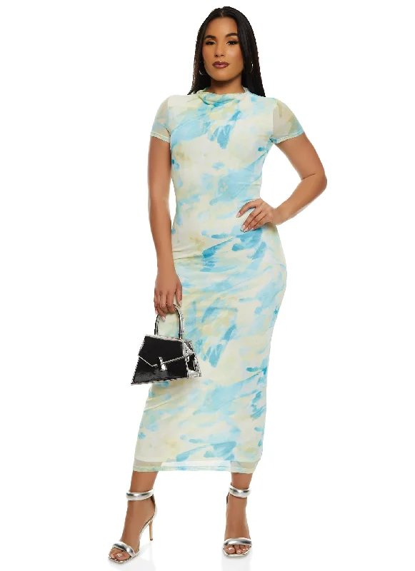 Iris Mesh Printed Short Sleeve Midi Dress Cozy Tie-Dye Midi Dress
