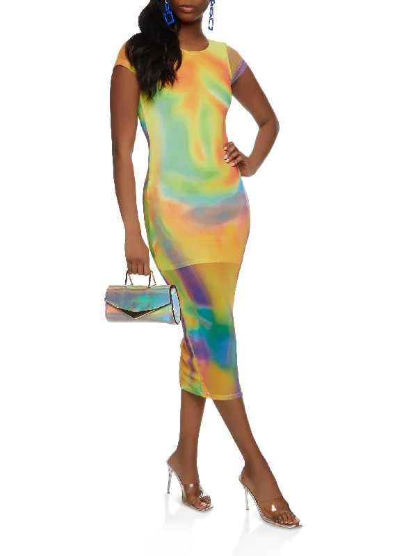 Mesh Printed Short Sleeve Midi Dress Fashionable Wide Leg Midi Dress