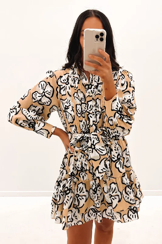 9-5 Mini Dress Bold Floral Beige Trendy Lace Mini Dress