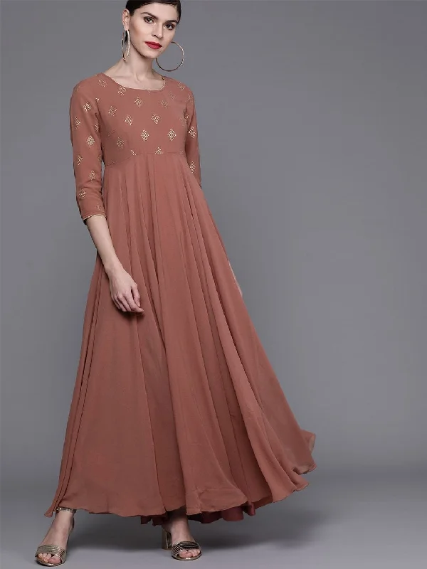 Women's  Brown Printed Detail Maxi Dress - AKS Elegant Tiered Maxi Dress