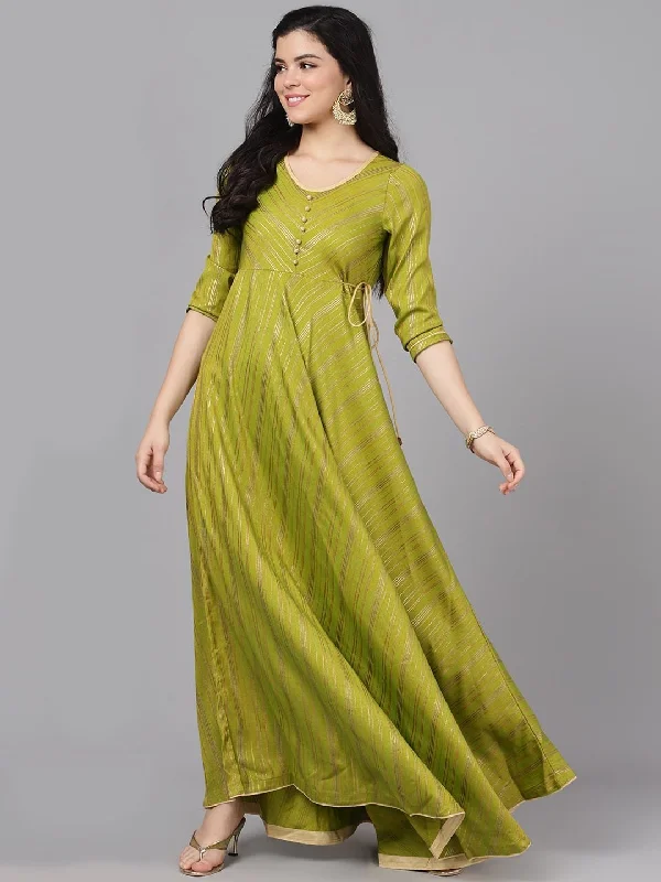 Women's  Green & Gold-Toned Striped Maxi Dress - AKS Trendy Floral Print Maxi Dress