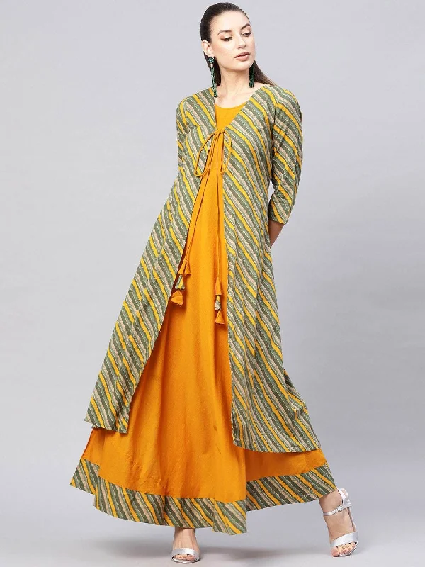 Women's Green & Mustard Yellow Printed Layered Maxi Dress -AKS Cozy Maxi Dress with Slit Women's Green & Mustard Yellow Printed Layered Maxi Dress -AKS Cozy Maxi Dress with Slit