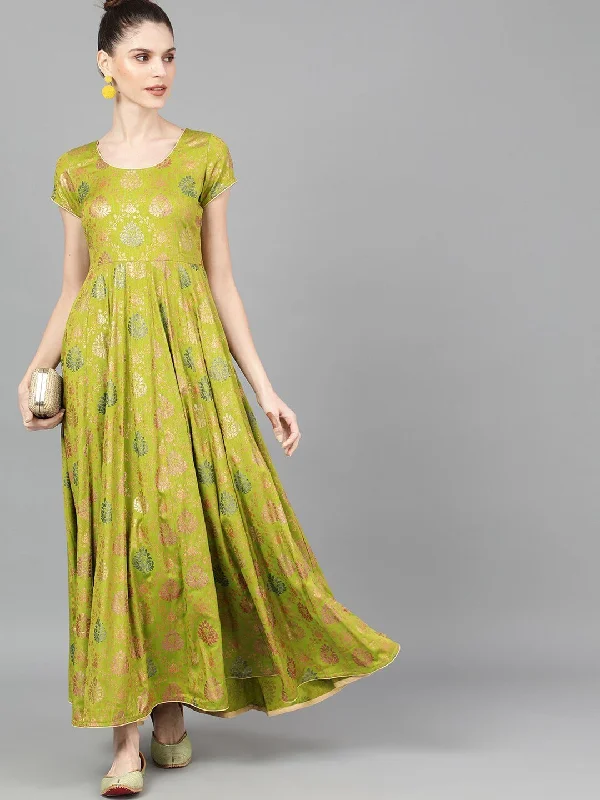 Women's  Green Printed Ethnic Maxi Dress - AKS Comfortable Fit-and-Flare Maxi Dress