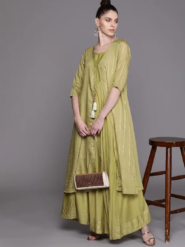 Women's Olive Green & Golden Striped Layered Maxi Dress - AKS Stylish One-Shoulder Maxi Dress Women's Olive Green & Golden Striped Layered Maxi Dress - AKS Stylish One-Shoulder Maxi Dress