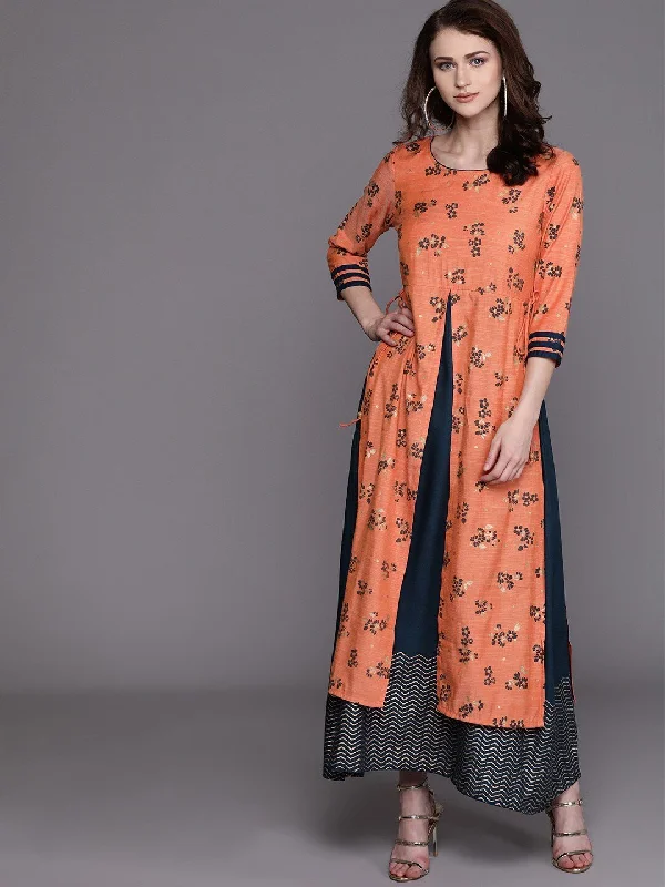 Women's  Orange & Teal Blue Floral Print Layered Maxi Dress - AKS Elegant Maxi Dress with Drapes