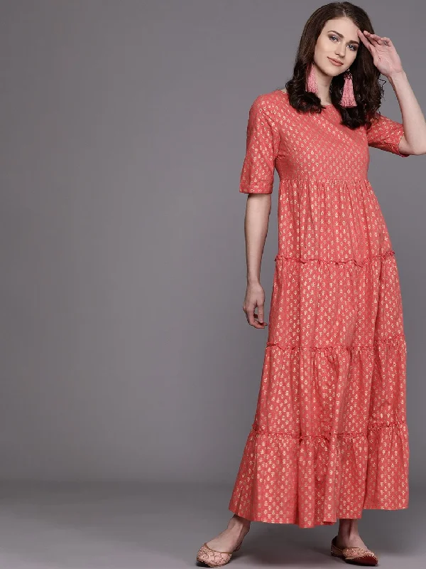 Women's  Pink & Golden Printed Tiered Maxi Dress - AKS Elegant Floral Maxi Dress