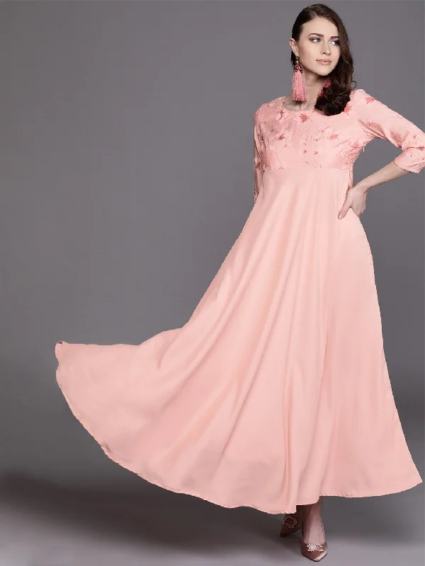 Women's Pink Printed Detail Satin Finish Empire Maxi Dress - AKS Comfortable Plunging Neckline Maxi Dress Women's Pink Printed Detail Satin Finish Empire Maxi Dress - AKS Comfortable Plunging Neckline Maxi Dress