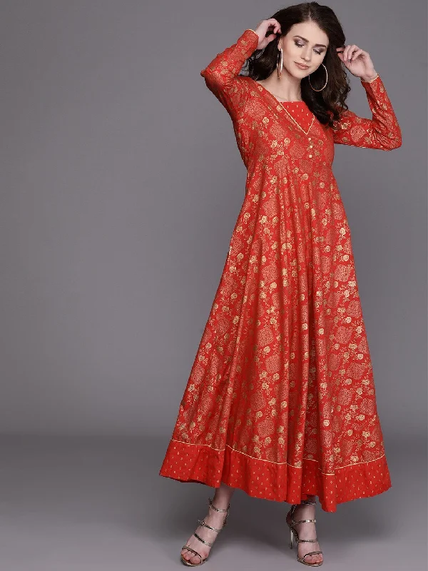 Women's  Red & Golden Printed Maxi Dress - AKS Cozy Maxi Dress with Slit