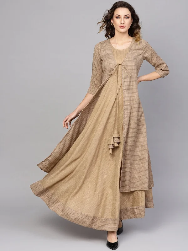 Women's  Beige & Blue Checked Maxi Dress - AKS Elegant Wraparound Maxi Dress