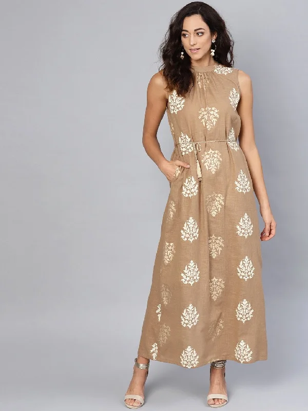 Women's  Beige & Off-White Printed Maxi Dress - AKS Chic Button-Up Maxi Dress
