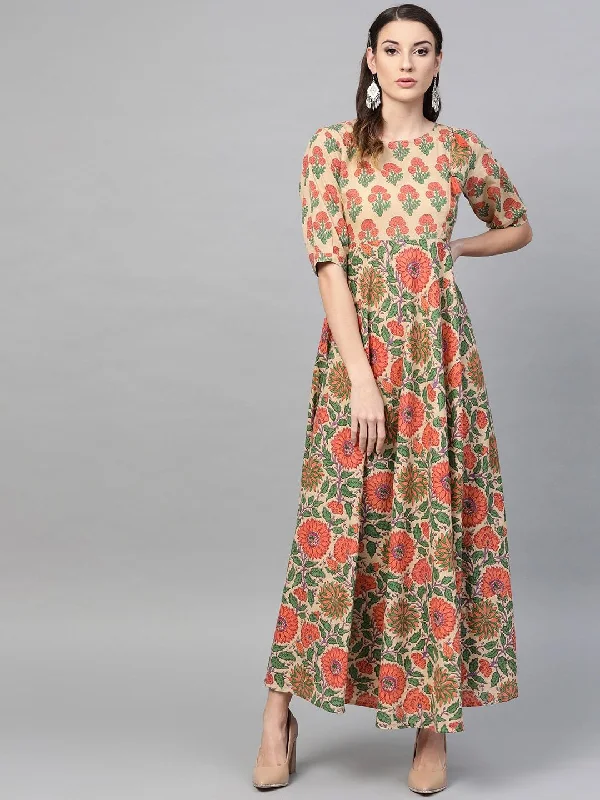 Women's  Beige & Orange Printed Maxi Dress - AKS Stylish Boho Chic Maxi Dress