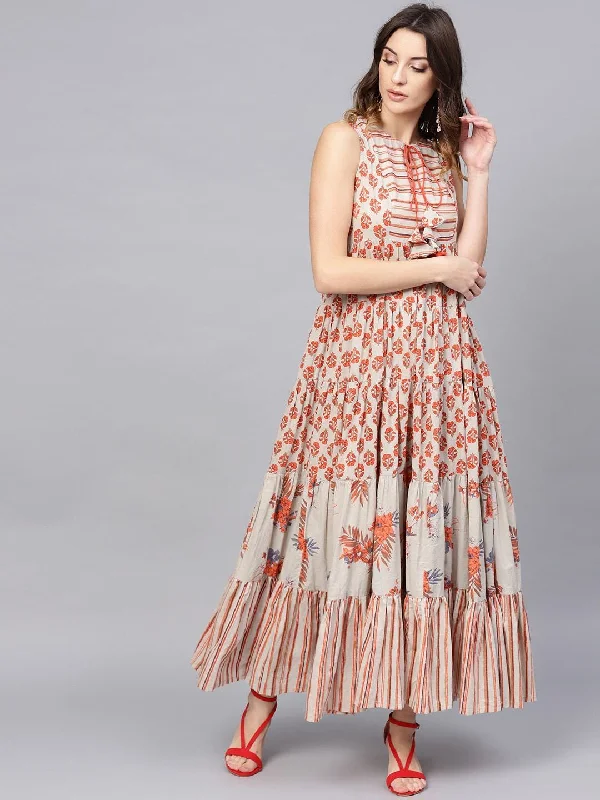 Women's  Beige & Orange Printed Tiered Maxi Dress - AKS Comfortable Satin Maxi Dress