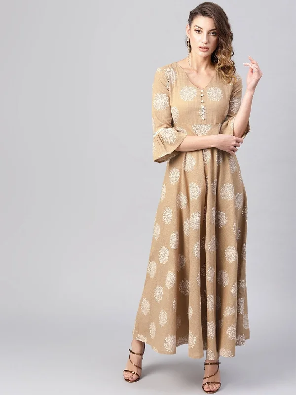 Women's Beige & White Khari Print Maxi Dress - AKS Fashionable Halter Neck Maxi Dress Women's Beige & White Khari Print Maxi Dress - AKS Fashionable Halter Neck Maxi Dress