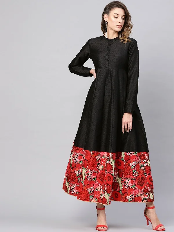 Women's  Black Floral Printed Detail Maxi Dress - AKS Stylish Button-Up Maxi Dress