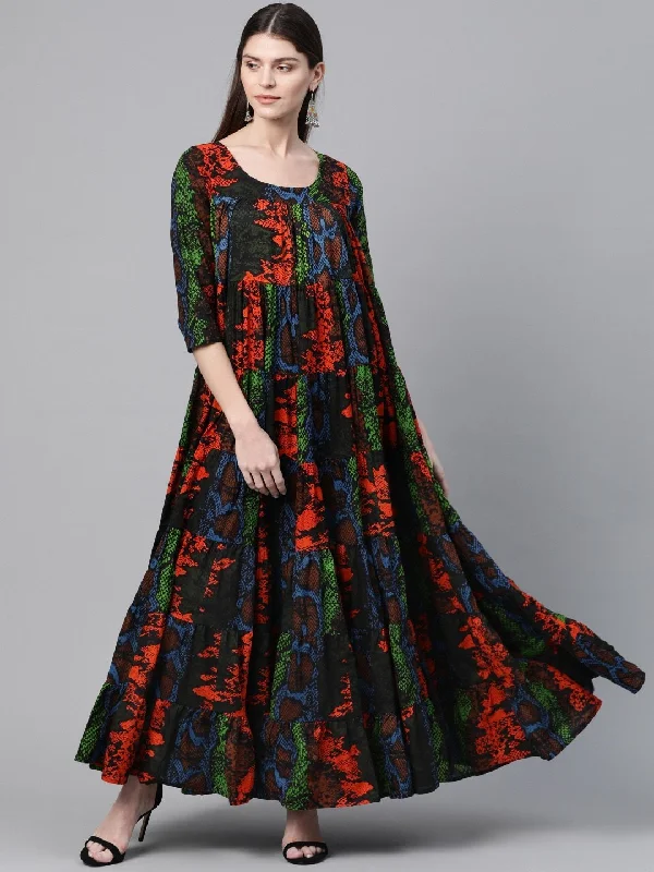 Women's Black & Orange Animal Printed Tiered Maxi Dress - AKS Fashionable High-Waist Maxi Dress Women's Black & Orange Animal Printed Tiered Maxi Dress - AKS Fashionable High-Waist Maxi Dress