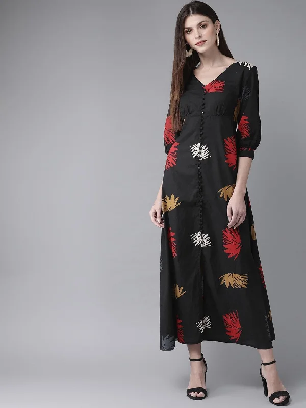 Women's  Black & Red Printed Maxi Dress - AKS Trendy Maxi Dress with Lace