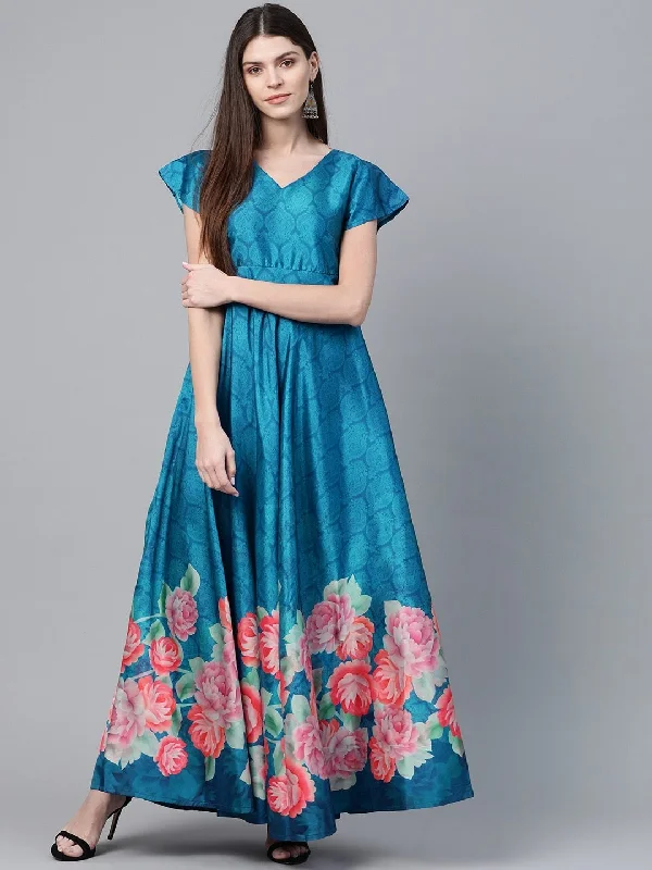 Women's Blue & Pink Floral Digital Printed Maxi Dress - AKS Stylish Empire Waist Maxi Dress Women's Blue & Pink Floral Digital Printed Maxi Dress - AKS Stylish Empire Waist Maxi Dress
