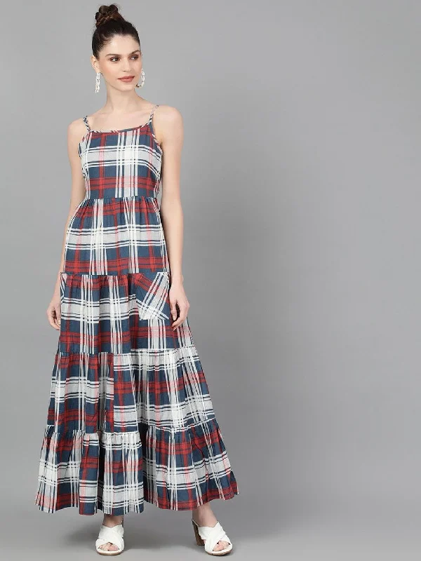 Women's  Blue & Red Checked Maxi Dress - AKS Elegant Maxi Dress with Ruffles