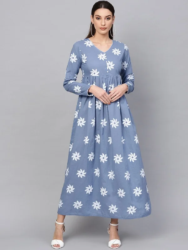Women's Blue & White Floral Khari Print Maxi Dress - AKS Comfortable Cotton Maxi Dress Women's Blue & White Floral Khari Print Maxi Dress - AKS Comfortable Cotton Maxi Dress