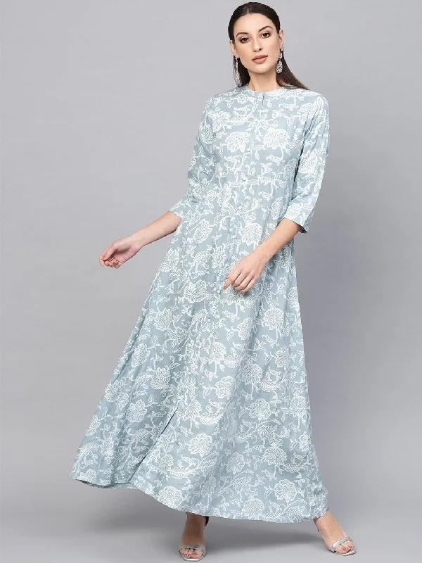 Women's Blue & White Khari Floral Print Maxi Dress - AKS Stylish Longline Maxi Dress Women's Blue & White Khari Floral Print Maxi Dress - AKS Stylish Longline Maxi Dress